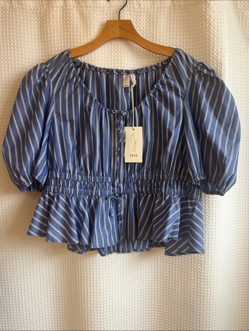 Joie Blue and White Striped Smocked Peasant Top